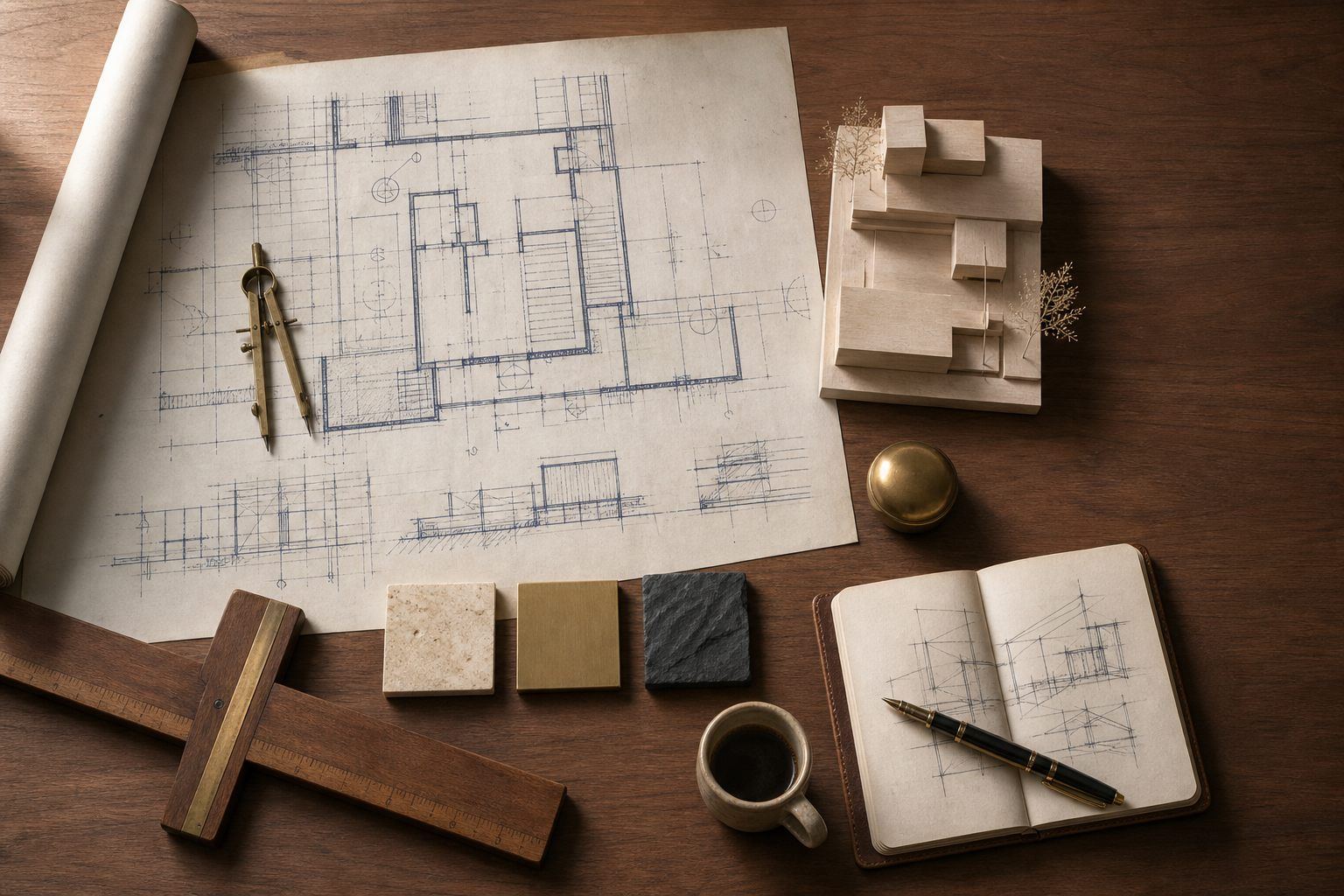 Architect's drafting desk with blueprints, materials and a study model